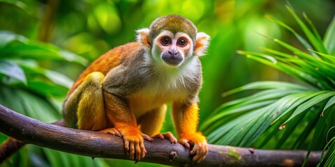 Naklejka premium Captivating Squirrel Monkey in Lush Jungle Setting at Manuel Antonio National Park, Costa Rica - A Glimpse into Wildlife in its Natural Habitat