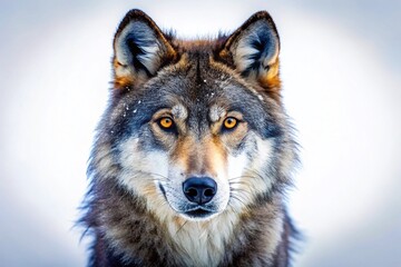 Fototapeta premium Captivating Tilt-Shift Photography of a Full Face Wolf Head Silhouette on a Crisp White Background, Perfect for Nature and Wildlife Enthusiasts Seeking Unique Visuals