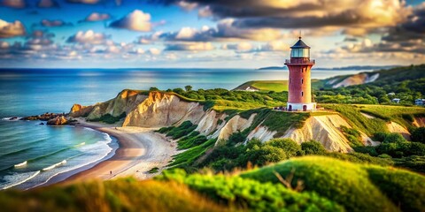Captivating Tilt-Shift Photography of the Gay Head Lighthouse on Martha's Vineyard, Showcasing Its Unique Shape Against a Beautiful Coastal Landscape