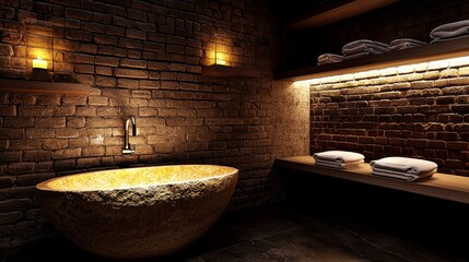 Inviting bathroom with rough stone sink, worn brick walls, natural wood shelves, and a soft amber glow, highlighting cozy rustic elegance