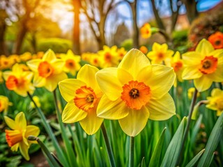 Obraz premium Captivating Yellow Daffodil Flowers in Bloom: A Stunning Close-Up of Nature's Brightest Spring Blooms with Lush Green Leaves and Soft Natural Light Enhancing Their Beauty