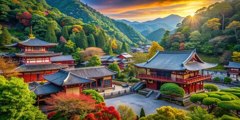 Obraz premium Capturing the Serene Beauty of Kotohira Shrine: A Candid Photography Exploration in Kagawa Prefecture, Shikoku, Japan, Showcasing Nature and Tranquility in Sacred Spaces