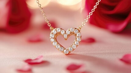 Sparkling Heart Necklace with Diamonds on Romantic Background