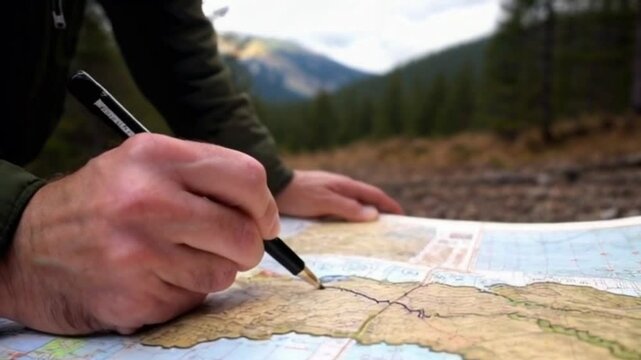 Over-the-shoulder shot of a forest ranger marking a trail on a map with a background of forested mountains blurred.