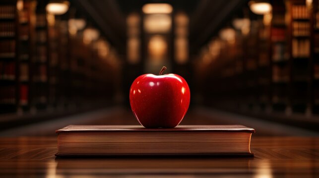 A serene image of an apple resting on a book in a dim library, evoking themes of knowledge and education. Perfect for study vibes.