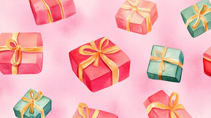 watercolor Christmas pattern, wrapped gift boxes with ribbons on pink background, illustration for Christmas designs