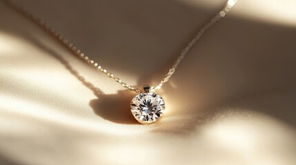 Fototapeta premium Sparkling Diamond Pendant Necklace on Soft Fabric Background