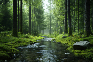 Obraz premium Tranquil Forest Scene with Flowing Stream and Green Foliage