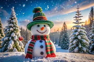 Obraz premium Charming Snowman with a Festive Red and Green Scarf in a Winter Wonderland Setting Surrounded by Glowing Snowflakes and Pine Trees Perfect for Holiday Themes