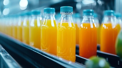 Detailed close-up of fruit juice production in a factory, bottles on conveyor belt, perfect for beverage manufacturing and grocery store ads, fresh and dynamic