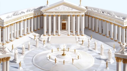 Detailed isometric view of a grand Neoclassical courthouse, monumental architecture with towering columns, ideal for justice-themed advertisements