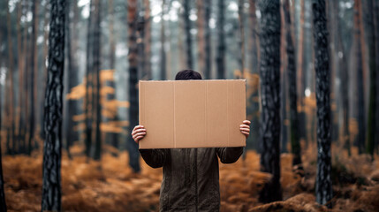A person is standing in a tranquil forest, holding a large cardboard sign that obscures their face, surrounded by autumn leaves - Generative AI