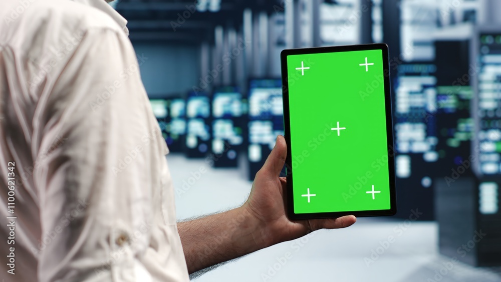Poster older serviceman in data center using chroma key tablet to monitor energy efficient servers using re