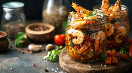 Fototapeta premium Fresh Shrimp Salad in Jar with Vegetables and Herbs on Dark Table