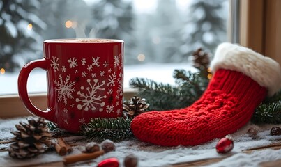 A red mug with snowflakes on it sits on a table next to a red stocking