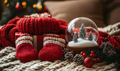 A red mug with snowflakes on it sits on a table next to a red stocking