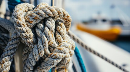 Fototapeta premium A sailing rope with a focus on the knots and texture, outdoor setting on a sailboat, Clean style
