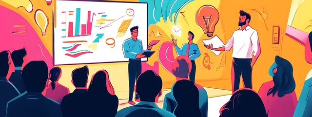 Illustrate the success and excitement of a startup pitch event, showcasing entrepreneurs presenting innovative ideas, potential investors, and the entrepreneurial spirit in action, design,


