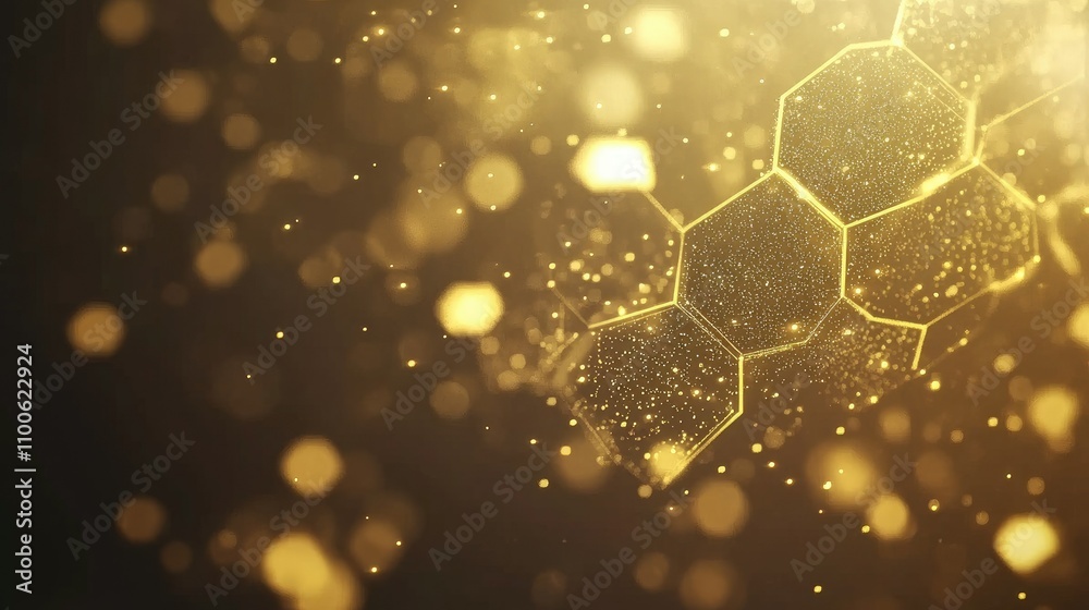 Poster abstract golden hexagonal background with bokeh and glowing effects