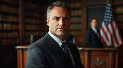 Fototapeta premium A serious lawyer stands in a courtroom near law books and an American flag.