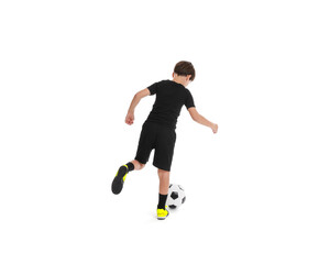 Obraz premium Boy with soccer ball playing football on white background, back view
