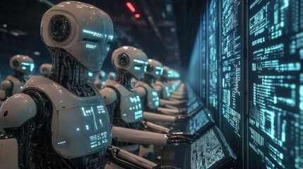 Fototapeta premium A Futuristic Scene of White Robots Working on a Data Wall