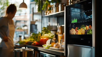 Fototapeta premium Close up of smart device monitoring food waste with digital interface in kitchen setting