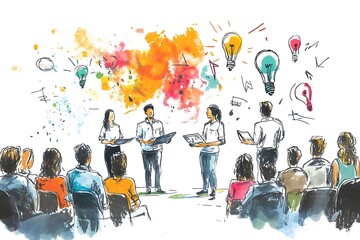 Illustrate the success and excitement of a startup pitch event, showcasing entrepreneurs presenting innovative ideas, potential investors, and the entrepreneurial spirit in action, design,


