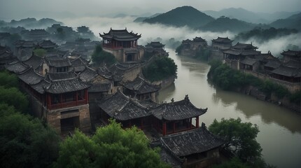 山と和風建築の町並み,Generative AI AI画像