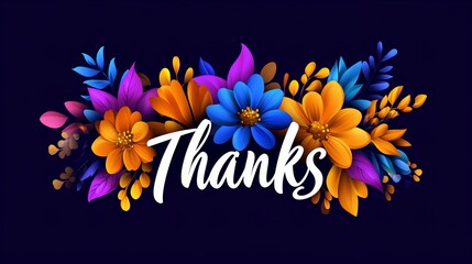 A vibrant floral arrangement with the word 'Thanks' in elegant script against a dark background.
