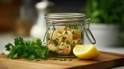 Fresh Shrimp in Jar with Lemon Slice and Green Herbs on Wooden Board