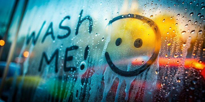 Close-up of Car Window Inscription 'WASH ME' with Sad Smiley Face, Capturing the Melancholy of Neglected Vehicles and the Need for Care in Urban Environments