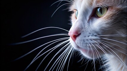 Naklejka premium Close-Up of Delicate White Cat Whiskers Against a Dark Background, Capturing the Intricacies of Feline Features and Textures for Pet Photography Enthusiasts