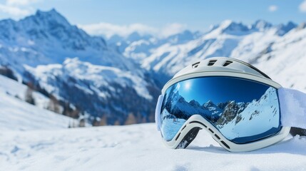 A ski goggles with a focus on the anti-fog lens, outdoor setting with snowy mountains, Winter style