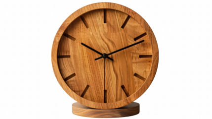 Wooden clock, minimalist design, circular face, sleek hands, modern home decor accessory, natural texture, warm tone Isolated on white background or PNG