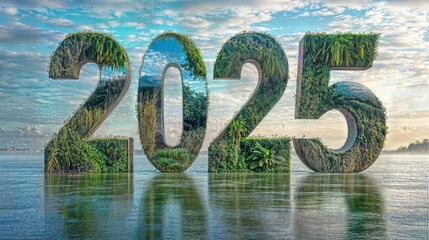 Large letters "2025" made from positive images of a climate-aware future 