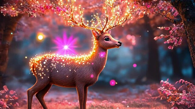 Enchanted deer with glowing antlers in a magical forest setting - Powered by Adobe