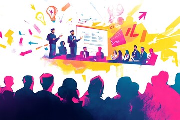 Illustrate the success and excitement of a startup pitch event, showcasing entrepreneurs presenting innovative ideas, potential investors, and the entrepreneurial spirit in action, design,



