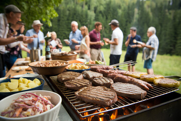 Family gathering enjoying a barbecue with grilled meats and sides in a forest clearing during summer