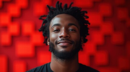 Young man with short beard and dreadlocks in red geometric background