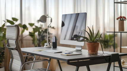 office with computer setup and indoor plants in bright room