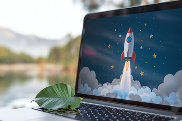 Digital rocket launch displayed on laptop with green leaf in natural setting near water