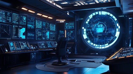 Fototapeta premium Futuristic Control Room with a Circular Screen