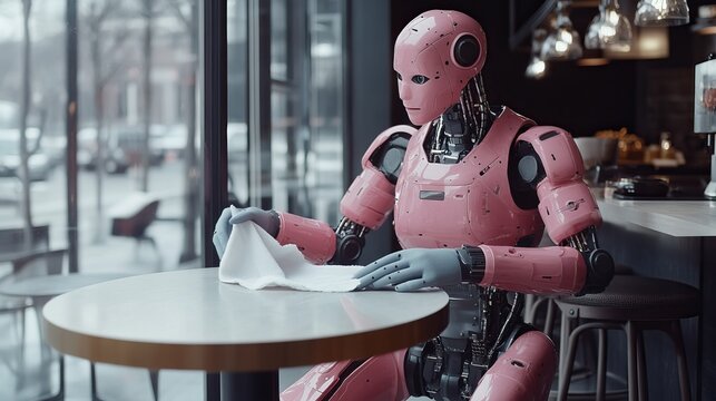 Futuristic pink robot cleaning a caf&eacute; table with a cloth near a window - concept of house cleaning