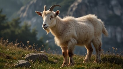 Obraz premium Cream-colored goat standing on grassy hillside, mountains in background.