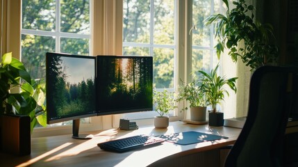 Fototapeta premium A computer desk with two monitors and a keyboard