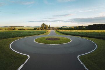 Scenic roundabout with bridge surrounded by lush green fields during golden hour