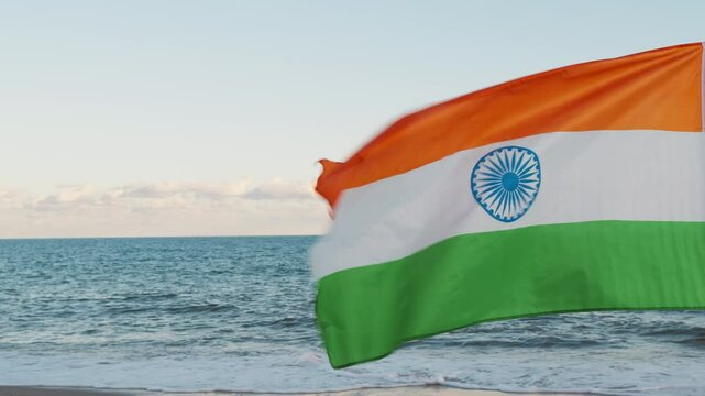 Indian Flag Waving In The Sky For Maha Shivaratri Near The Beach