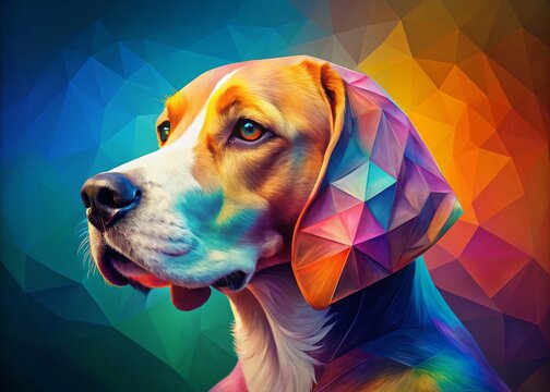 Colorful Geometric Dog Portrait in Double Exposure Style Featuring Split Complementary Colors, Vibrant and Artistic Canine Representation for Unique Pet Art and Decor