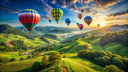 Fototapeta premium Colorful Hot Air Balloons Floating Over Lush Green Hills in a Stunning Landscape, Capturing the Beauty of Adventure and Nature in a Vibrant Sky